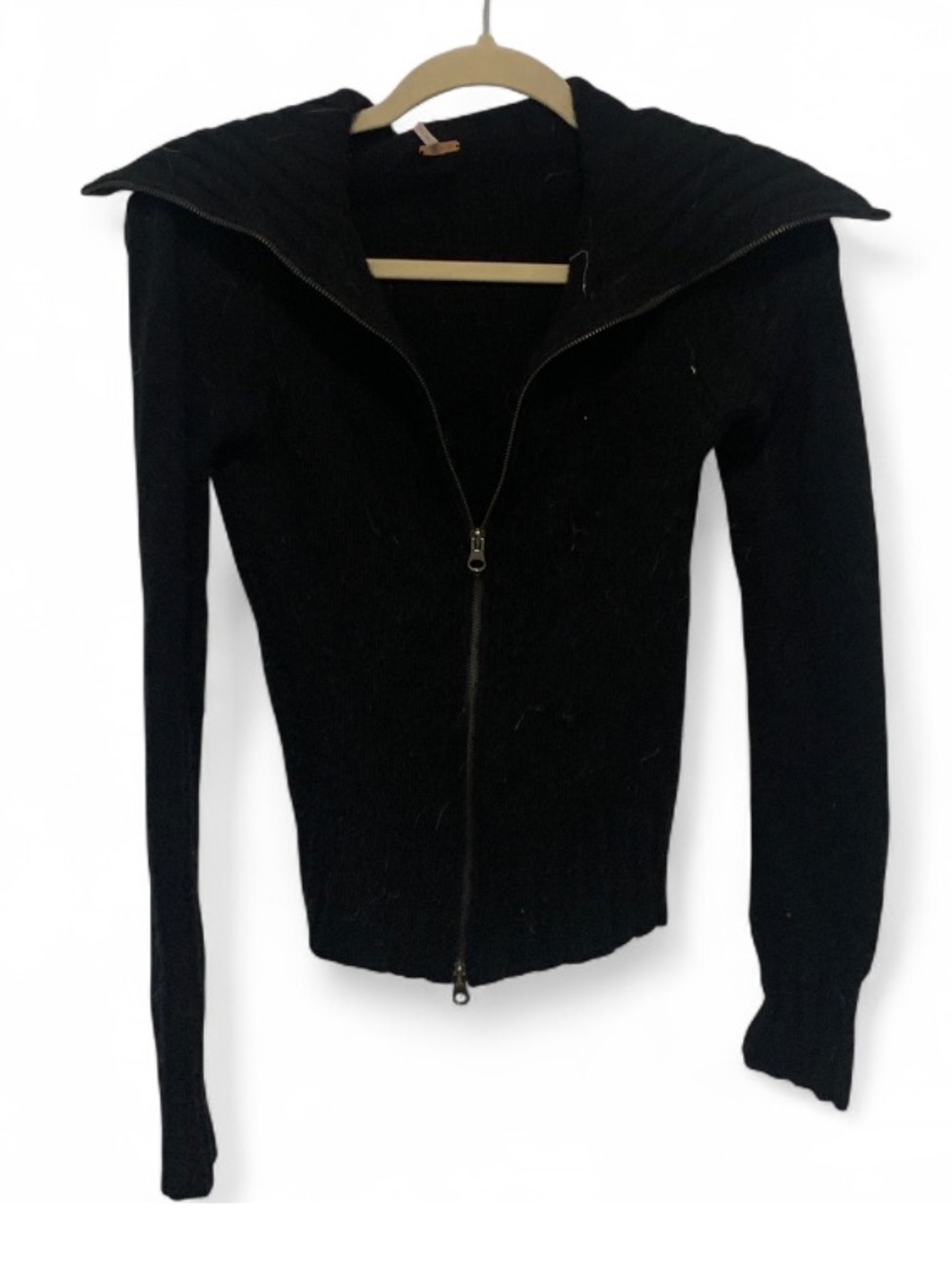 Free People Black Wool Blend Zip-Front Sweater with Wide Collar